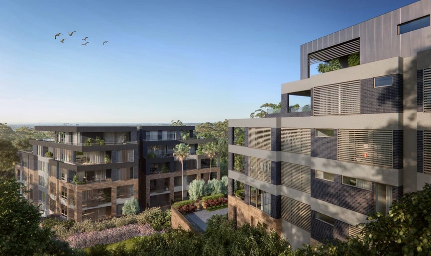 Architectural visualisation of the landscaped apartment development at Buckingham Road, Killara