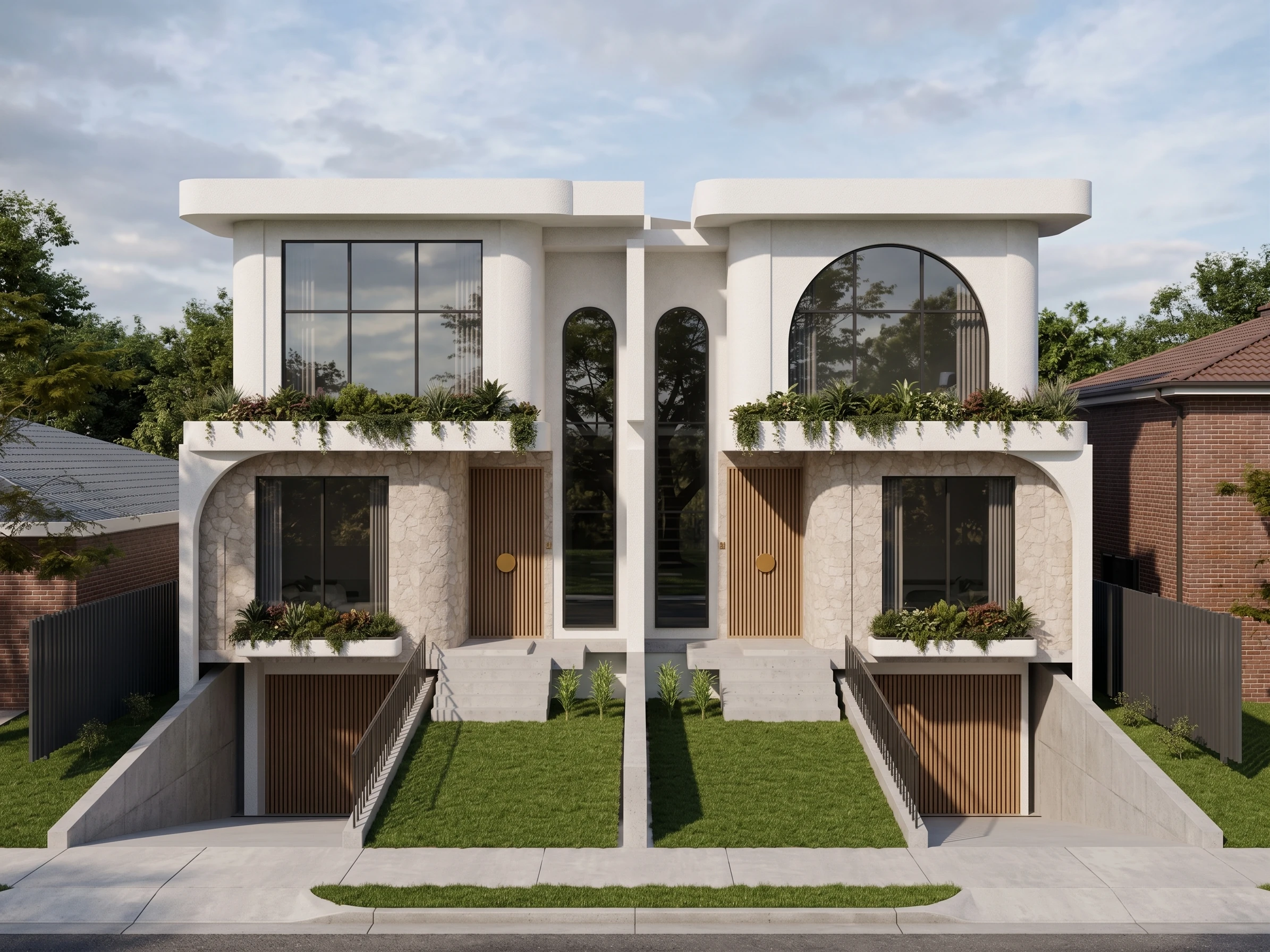 Architectural visualisation of the luxury duplex at Proyart Avenue, Milperra, with sculpted white façades, stone and timber details
