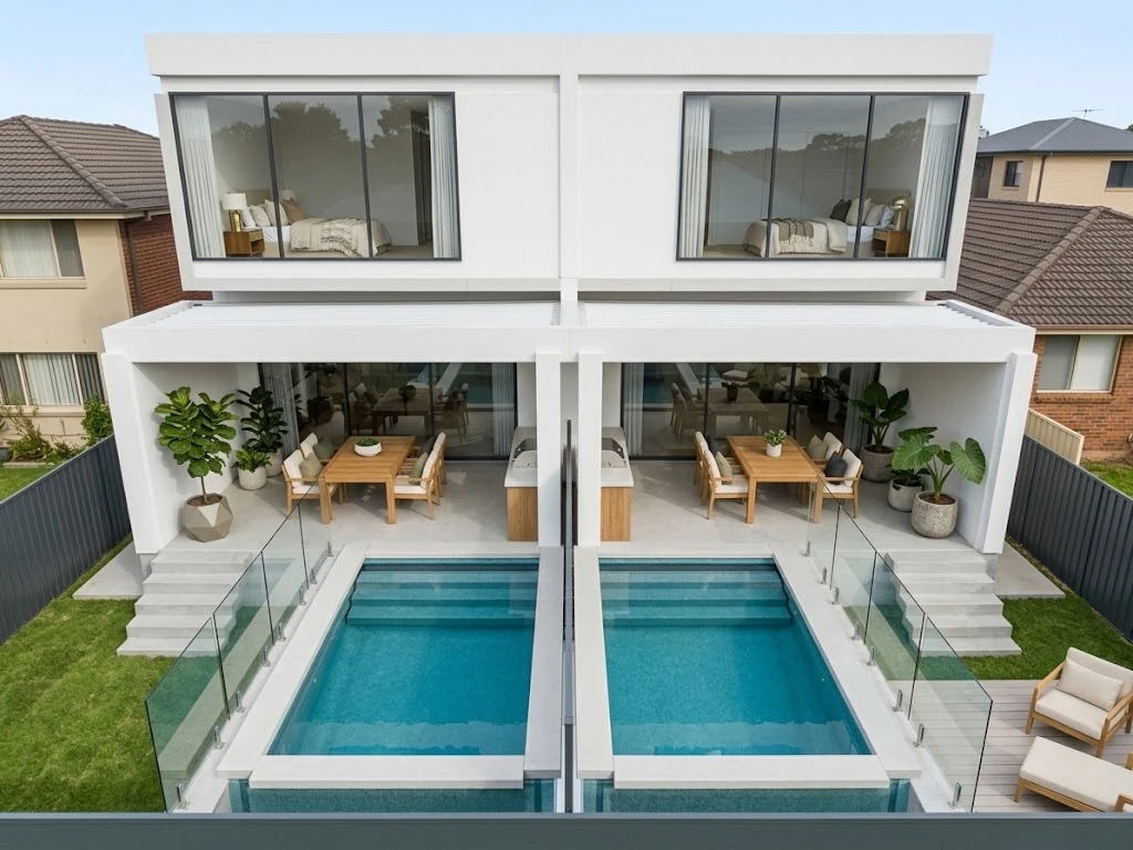 Supplied rear view of the duplex with swimming pools and covered outdoor living areas