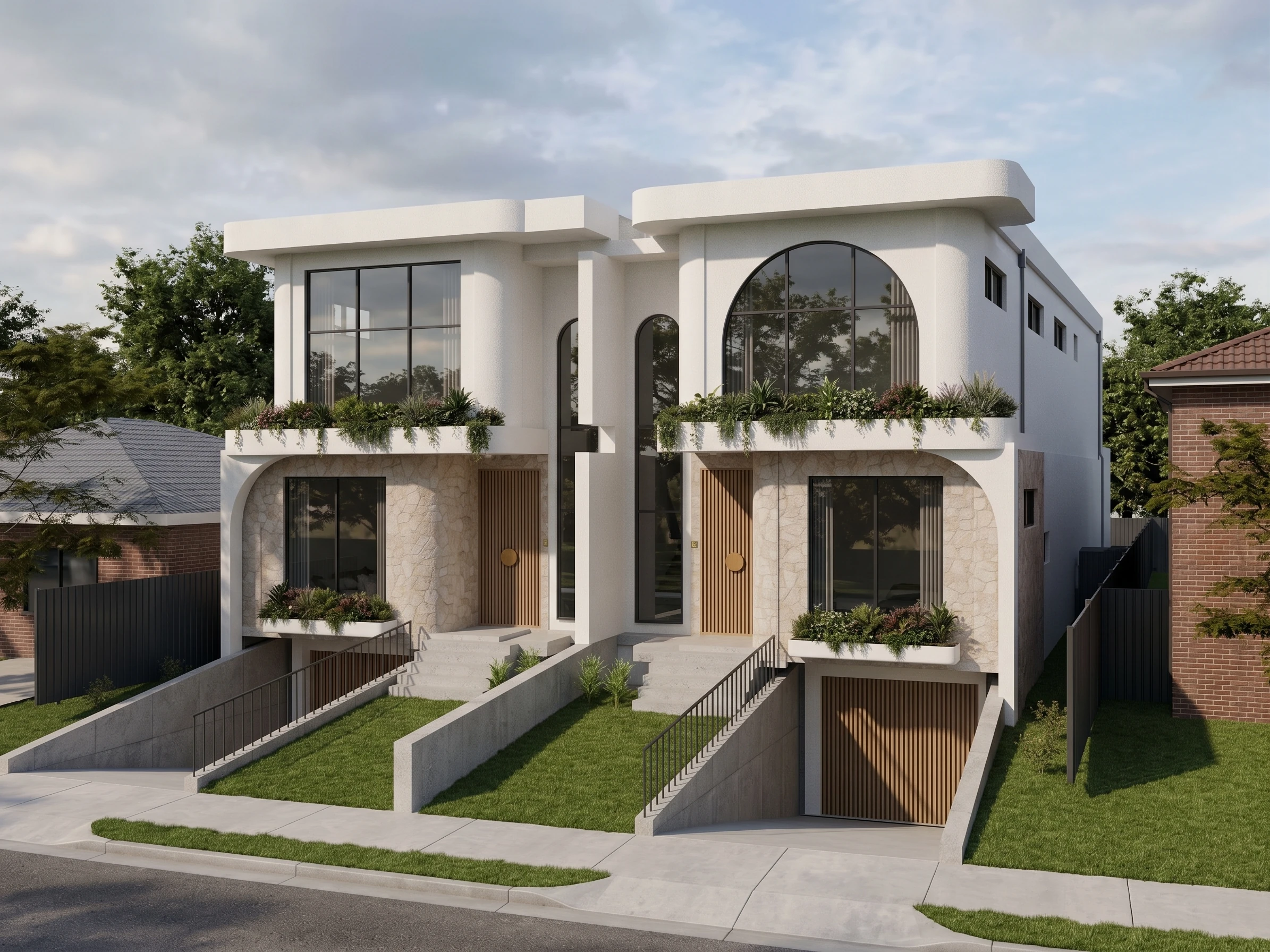 Angled architectural visualisation showing the stone, timber and curved façades at Proyart Avenue, Milperra